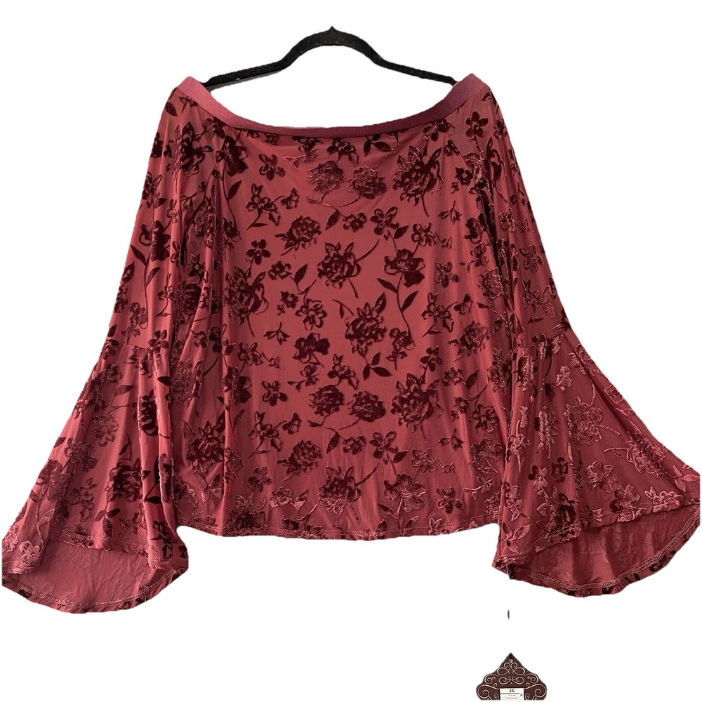 NEW Knox Rose Women Top XS Plum Burnout Velvet Floral Bell Sleeve‎ Boho Festival